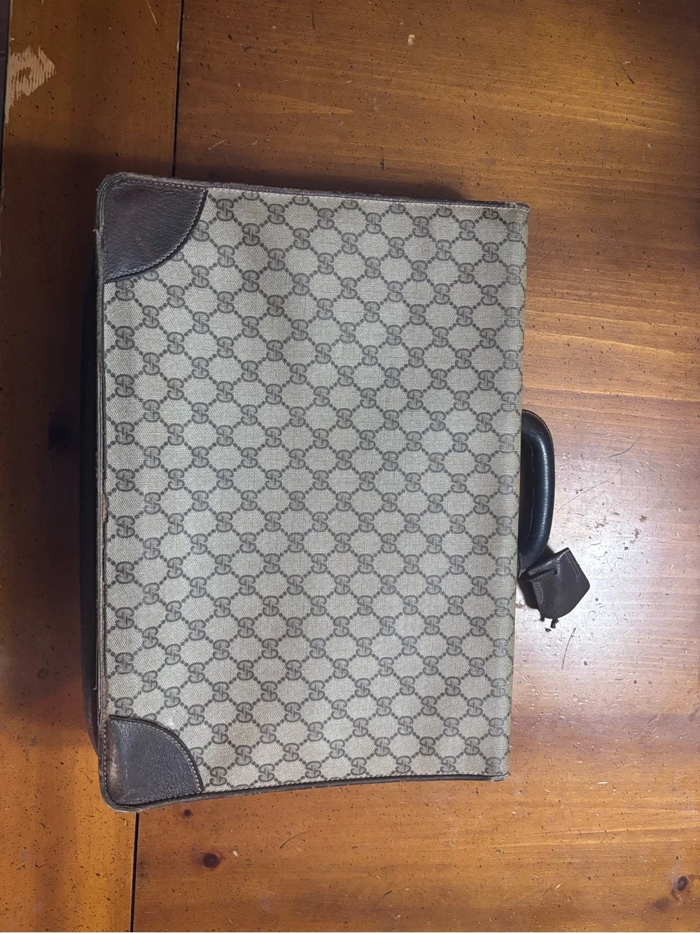 Vintage 1960s Gucci Brown Monogram Briefcase with Brown Leather Trim & Lock Key